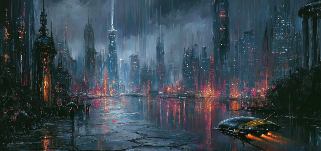 Digitally painted style illustration of a futuristic city drenched in rain. Image (c) 2026 Carol Van Natta.