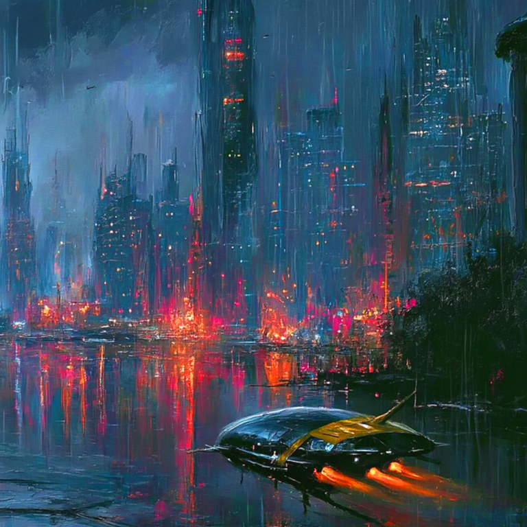 Digital painting style illustration of a futuristic flying vehicle in a rainswept city. Image (c) 2026 Carol Van Natta
