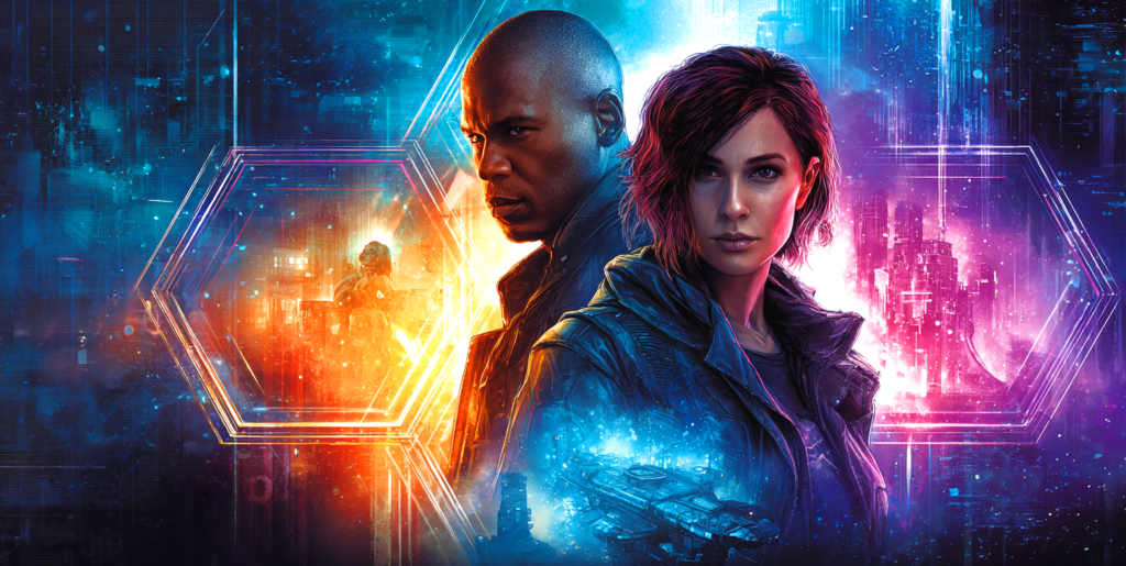 Futuristic cityscape of Ridderth alongside character profiles for investigative journalist Arco Charrascos and reluctant bodyguard Faraday Brenner from Spark Transform.