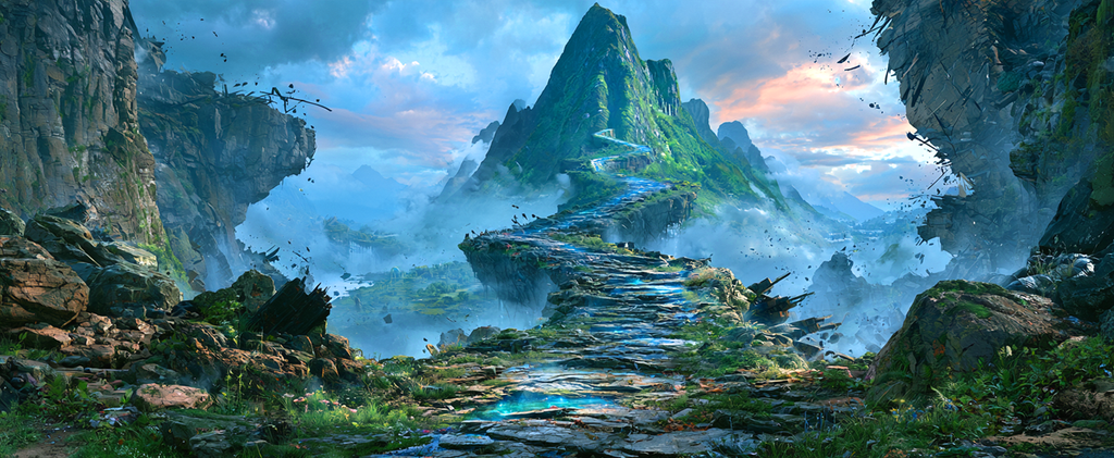 Illustration of a dangerous, twisting, rocky path that leads to a distant green mountain. Image (c) 2026 Carol Van Natta.