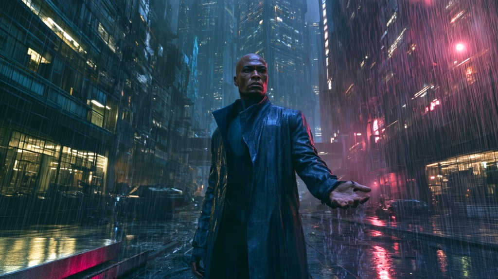 Illustration of a troubled man standing in the rain, out his hand, in the middle of a futuristic city street.